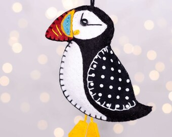 Felt Puffin Ornament, Felt Bird Ornament, Embroidered Puffin Felt Christmas Ornament