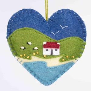 Embroidered Irish Landscape Felt Heart Ornament, Irish Cottage Ornament, Irish Housewarming Gift