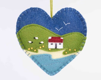 Embroidered Irish Landscape Felt Heart Ornament, Irish Cottage Ornament, Irish Housewarming Gift