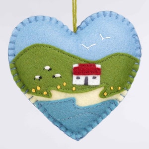 Embroidered Irish landscape felt heart ornament, Irish cottage ornament, Irish housewarming gift