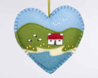 Embroidered Irish landscape felt heart ornament, Irish cottage ornament, Irish housewarming gift