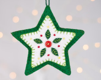 Star felt Christmas ornament, Red, white and green star Holiday ornament