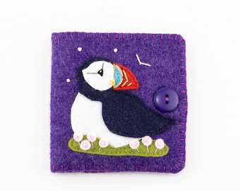 Puffin Needle Book, Hand Embroidered Wool Felt Needle Minder, Sewing Kit, Gift for Sewer or Teacher