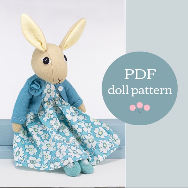 Vilt Bunny Doll patroon, konijn zacht speelgoed patroon, vilt pop naaipatroon met kleding, aankleedbaar Bunny Stuffie PDF-patroon