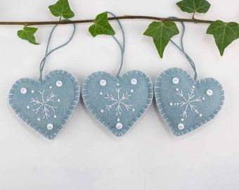 Snowflake Felt Heart Ornaments, Scandinavian Embroidered Holiday Ornaments in  Blue and White