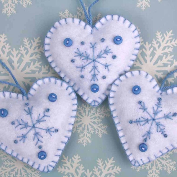 Felt Christmas heart ornaments, Handmade blue and white snowflake hearts, Scandinavian embroidered heart decorations, felt tree ornaments.