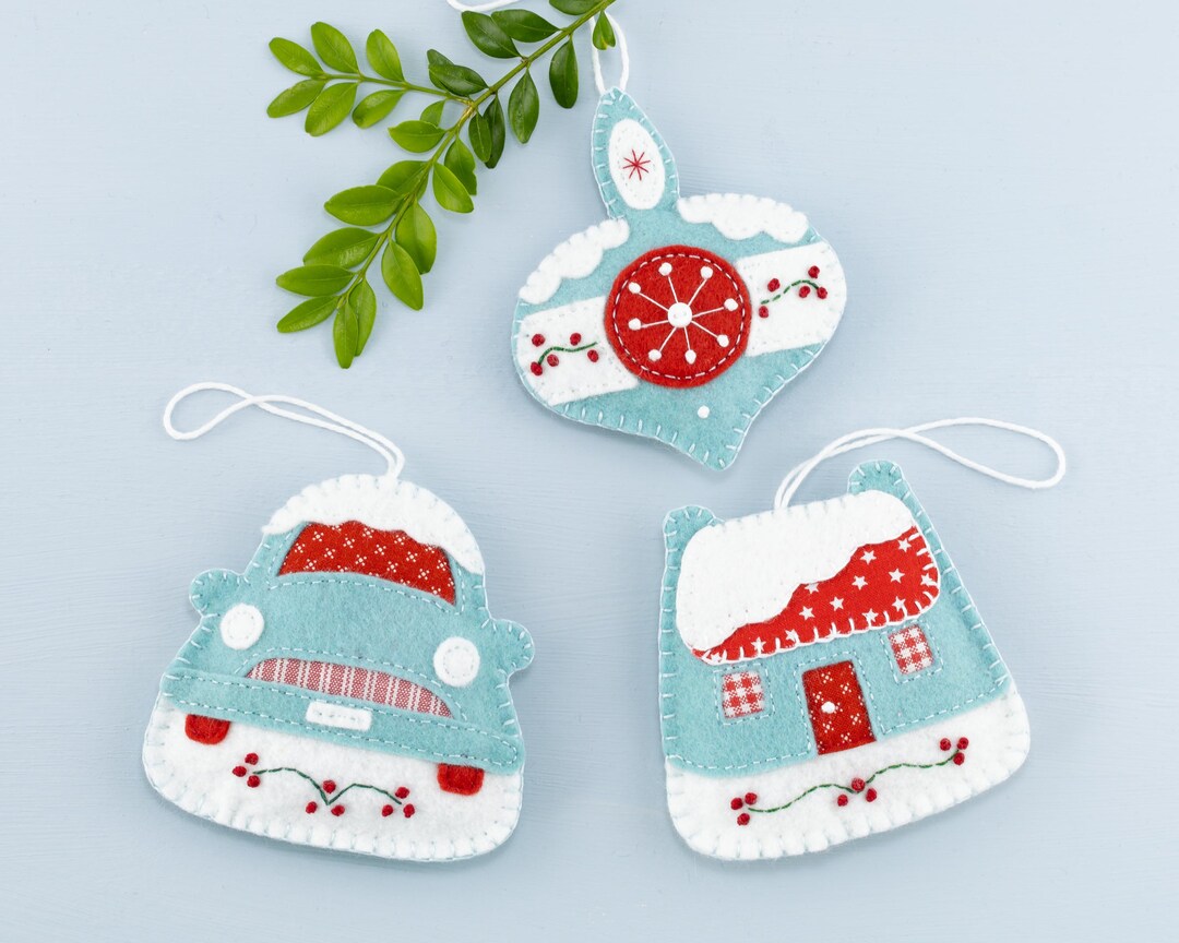Set of 3 Retro Style Felt Christmas Ornaments, Vintage Holiday Decor