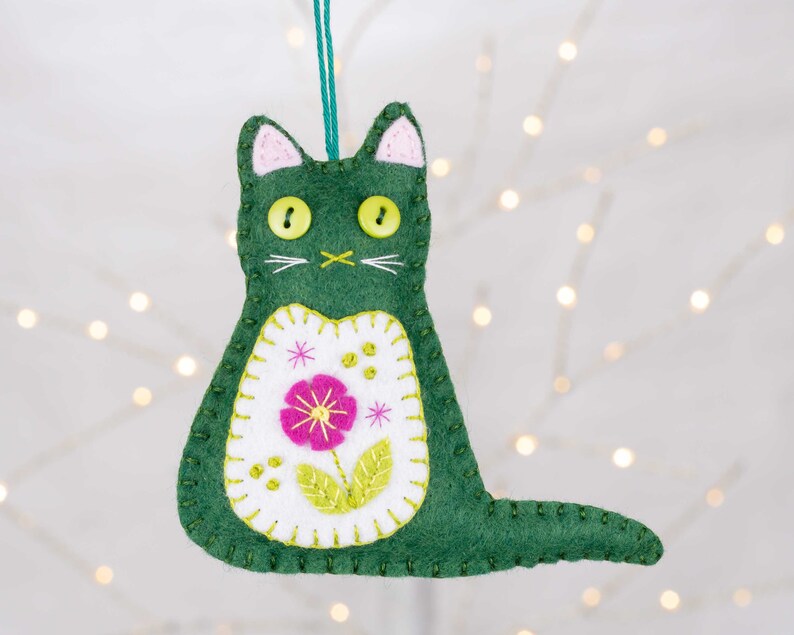 Emerald Green Cat Felt Christmas Ornament image 1