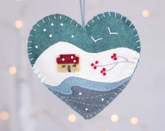 Winter Landscape Embroidered Felt Christmas Ornament, Snow Scene Holiday Ornament