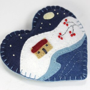 Winter landscape embroidered heart Christmas ornament, Moonlit snow scene Holiday ornament image 3