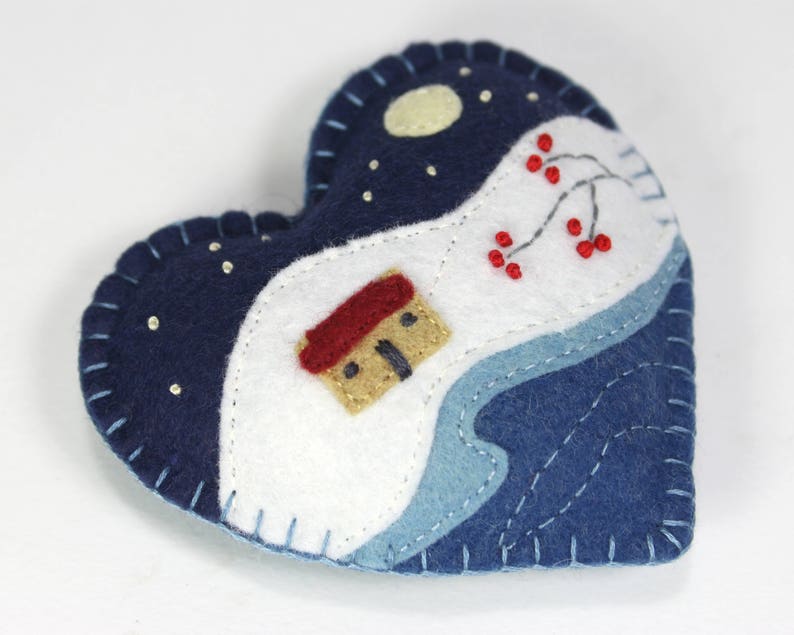 Winter landscape embroidered heart Christmas ornament, Moonlit snow scene Holiday ornament image 3