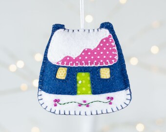 Vintage Style Felt House Christmas Ornament, Winter Holiday Decor,  New Home Gift