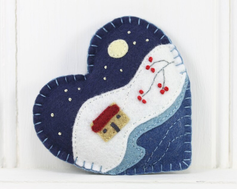 Winter landscape embroidered heart Christmas ornament, Moonlit snow scene Holiday ornament image 4