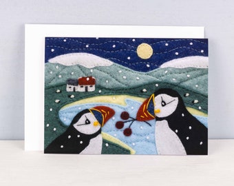 Puffin Christmas Cards Pack, Irish Landscape Embroidery Art Holiday Cards