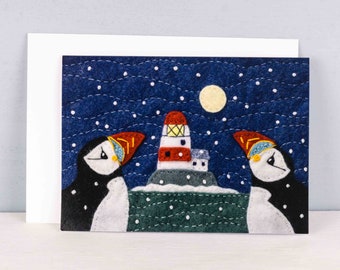 Puffin and Lighthouse Christmas cards, Pack of 5 A6 Christmas cards, Irish snowy coastal scene with puffins.