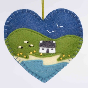 Irish cottage ornament, Embroidered Irish landscape felt heart ornament, Irish housewarming gift