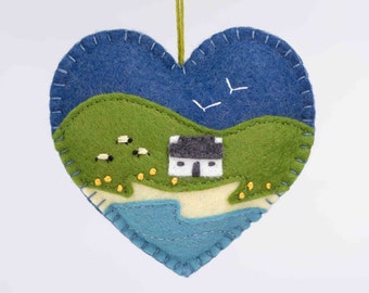 Irish cottage ornament, Embroidered Irish landscape felt heart ornament, Irish housewarming gift