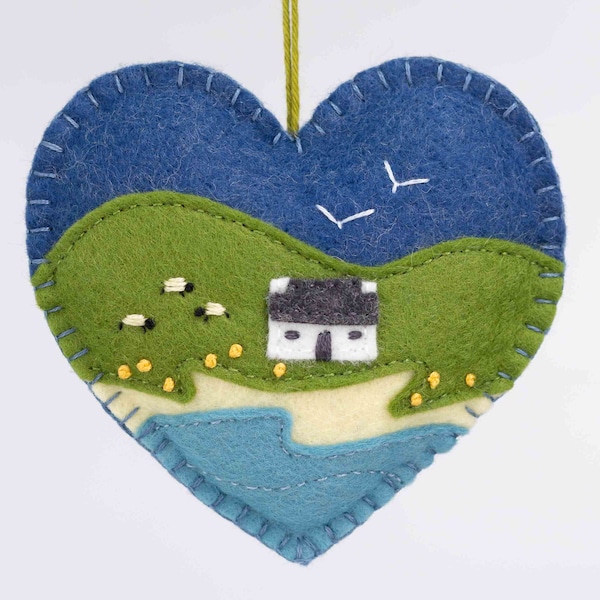 Irish cottage ornament, Embroidered Irish landscape felt heart ornament, Irish housewarming gift