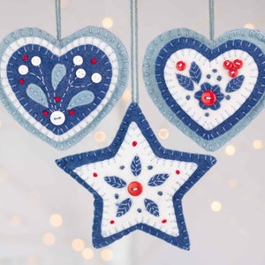 Set of Three Nordic Felt Christmas Ornaments, Scandinavian Folk Art Holiday Ornaments