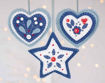 Set of Three Nordic Felt Christmas Ornaments, Scandinavian Folk Art Holiday Ornaments