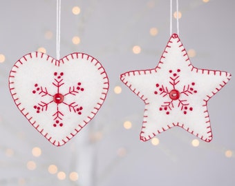 Red and white snowflake felt Christmas ornament set, Scandinavian felt heart and star Holiday ornaments