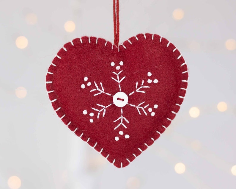 Snowflake Felt Christmas Ornament Set Scandinavian Felt Heart Etsy