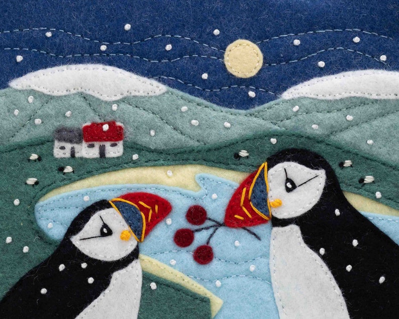 Irish snowy coastal scene with puffins. Large A5 Puffin and Lighthouse Christmas cards Pack of 5 Christmas cards