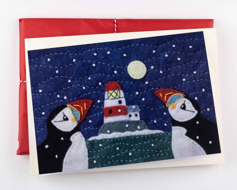 Irish snowy coastal scene with puffins. Large A5 Puffin and Lighthouse Christmas cards Pack of 5 Christmas cards