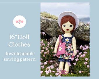 Puppenkleidung PDF Schnittmuster, Sommerkleid, Hut, Tasche, Outfit für 16 Zoll Puppen