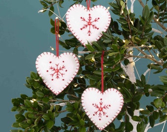 Red and White Felt Heart Christmas Ornaments, Embroidered Snowflake Holiday Decorations