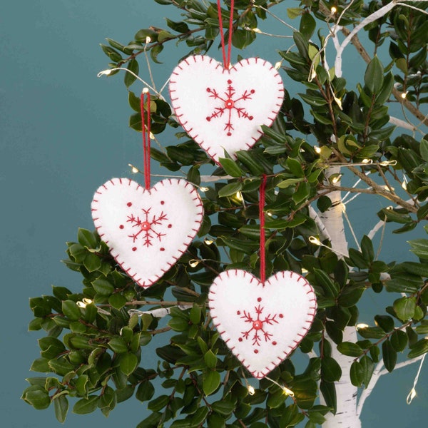 Red and White Felt Heart Christmas Ornaments, Embroidered Snowflake Holiday Decorations