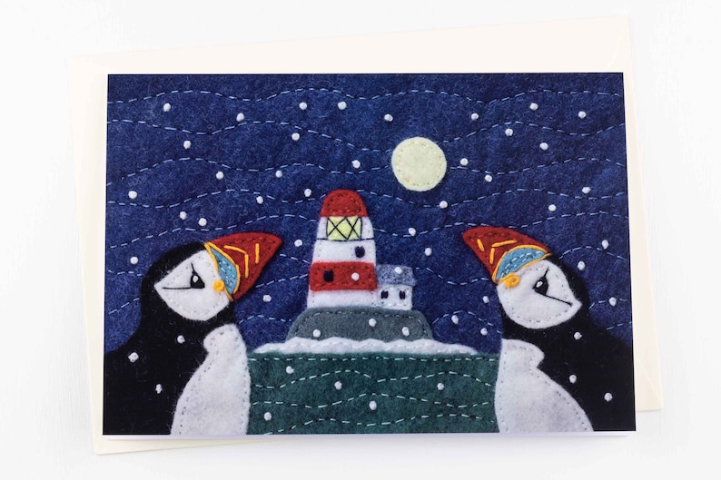 Irish snowy coastal scene with puffins. Large A5 Puffin and Lighthouse Christmas cards Pack of 5 Christmas cards