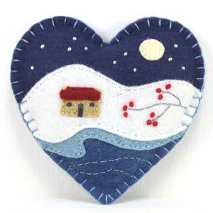 Winter landscape embroidered heart Christmas ornament, Moonlit snow scene Holiday ornament image 2