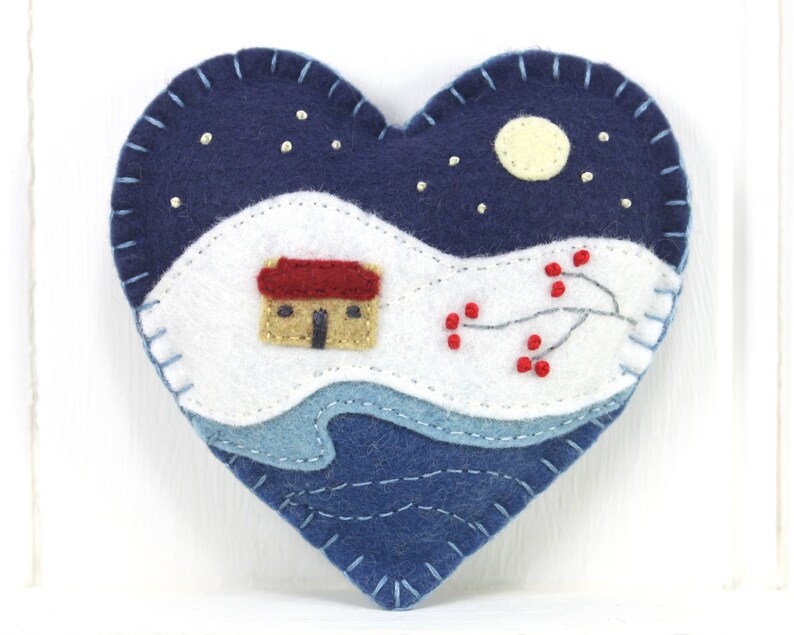 Winter landscape embroidered heart Christmas ornament, Moonlit snow scene Holiday ornament image 2