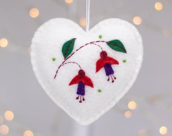 Felt heart ornament with embroidered Fuchsia flowers