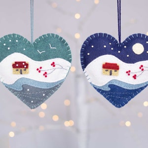 Winter landscape embroidered heart Christmas ornament, Moonlit snow scene Holiday ornament image 5