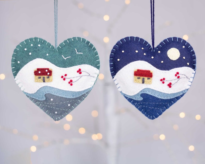 Winter landscape embroidered heart Christmas ornament, Moonlit snow scene Holiday ornament image 5