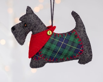 Felt Scottie Dog Christmas Ornament, Scottish Terrier Holiday Ornament with Plaid Jacket