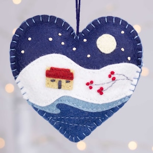 Winter landscape embroidered heart Christmas ornament, Moonlit snow scene Holiday ornament image 1