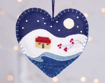 Winter landscape embroidered heart Christmas ornament, Moonlit snow scene Holiday ornament