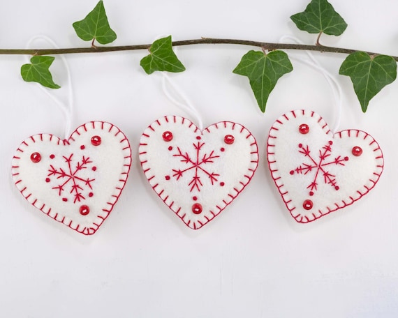 Felt Heart Christmas Ornaments With Embroidered Snowflakes In Etsy