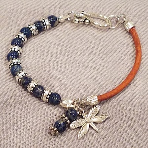 Sodalite Gemstone Bead & Natural Light Brown Leather Bangle Bracelet / 7.5 Inch / Butterfly Charm / Stacking Bracelet Boho Bohemian Bracelet