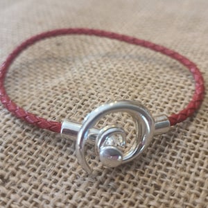 Red Woven Braided 2mm Round Leather Cord Bracelet Unique Interlocking Swirl Silver Plated Clasp 7 Inches Layering Bracelet Stacking Bracelet