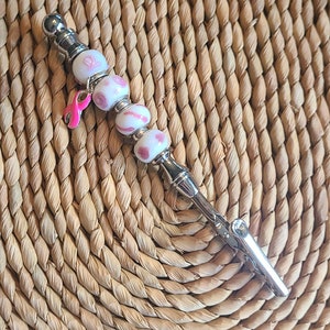 Bracelet Fastener Helper Tool Buddy Pink & White Art Glass Beads Breast Cancer Awareness Pink Ribbon Charm Silver Plated Arthritis Aid