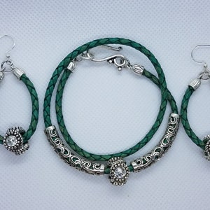 Turquoise Bolo Leather Wrap Bracelet & Earrings Set Tibetan Silver Crystal Rhinestone Beads / Double 2 Wrap / Boho Bohemian Bracelet Gift