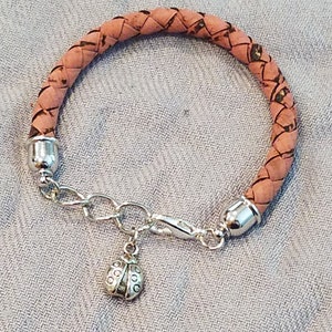 Dusty Pink Woven Braided Cork 6mm Cord Bangle Bracelet / Silver Plate Lucky Ladybug Charm / Adjustable Size / Nature Theme / Boho Bracelet