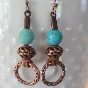 Blue Turquoise Gemstone Bead Copper Bead Drop Dangle Pierced Earrings Brown Leather Copper Ear Wire Southwest Boho Chic