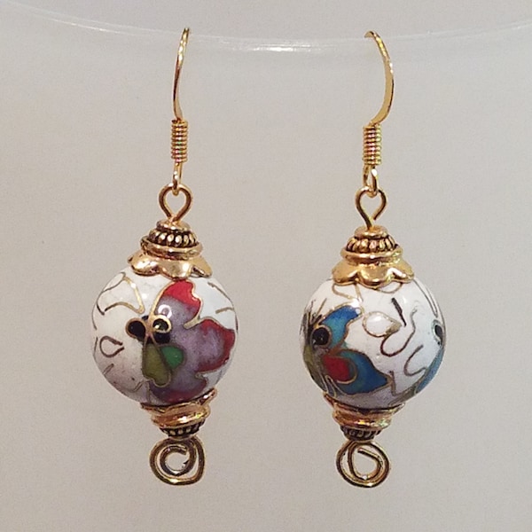 White Floral Cloisonne 16mm Round Glass Bead Earrings Textured Gold Plated Caps & French Wire 1 3/4 Inch Pierced Boho Bohemian Earrings