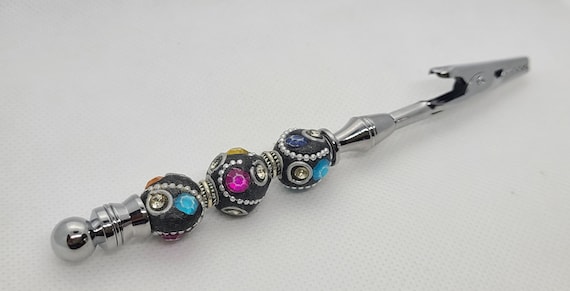 Bracelet Fastener Helper Tool Buddy Black Handmade Ceramic Beads  Embellished With Multi-color Rhinestones Silver Plated Arthritis Aid 1 