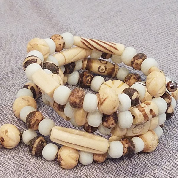 Carved Wood & Fair Trade White Powder Glass Bead 4 Wrap Wire Coil Bracelet / Tribal Style Bracelet  Boho Bracelet / Bohemian Bracelet / Bold